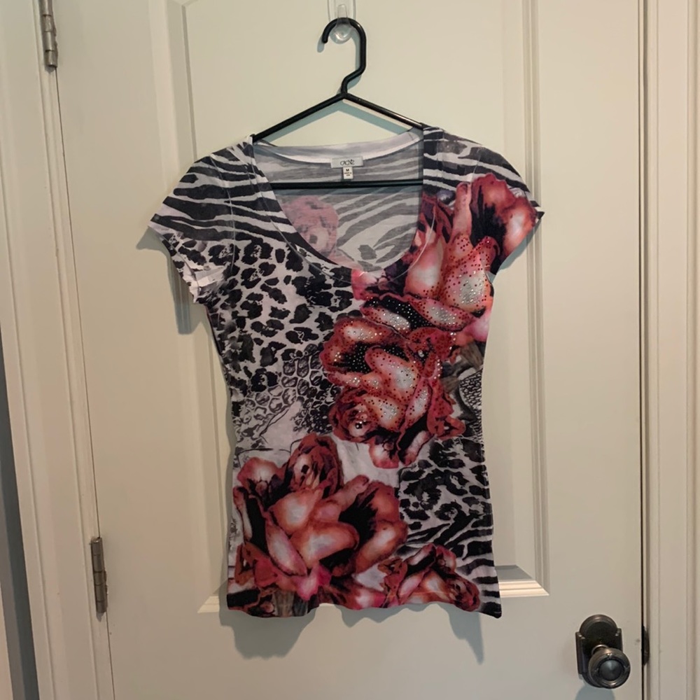 Caché rose animal print patterned bedazzled t shirt